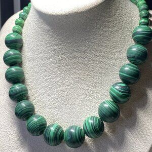 Vintage Malachite Bead Necklace 16.5” Sterling Silver Cable & Earrings Set